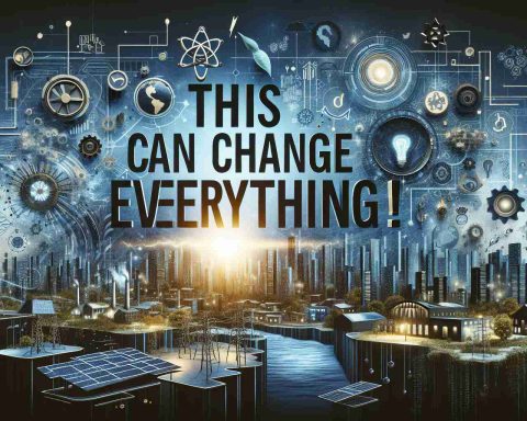 A highly detailed image representing the concept of a revolutionary power innovation. The foreground includes the phrase 'This Can Change Everything!' in bold, striking letters. Towards the background, there are abstract symbols related to the energy sector such as stylized icons referring to wind turbines, solar panels, and electric circuits. The background is filled with a futuristic cityscape showing sustainable, energy-efficient buildings, all glowing subtly with clean energy. On the bottom-right of the image, there is a call-to-action button labeled 'Discover Now', inviting viewers to learn more about this innovative power solution.