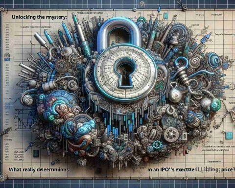 An elaborate characterisation embodying the concept 'Unlocking the Mystery: What Really Determines an IPO's Expected Listing Price?'. Envision an intricately interwoven scene involving elements of finance, stock markets and a lock and key symbolising 'unlocking'. Use a realistic style and make sure it gives off an air of intrigue. Conceive a high-definition depiction, showcasing minute details to connote a rich and detailed narrative.