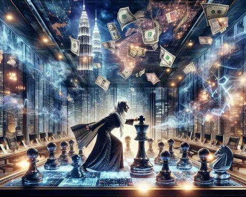 An exquisitely detailed scene symbolizing a surprise financial power move in the realm of investment. The setting is an opulent boardroom with towering glass walls showcasing a bustling cityscape at night with skyscrapers lavishly adorned with shimmering lights. At the center, a Middle-Eastern Woman vigorously pushes a giant chess pawn onto a celestial chessboard that flows with electronic data, representing stocks and investments. On the symbols of currency from around the world hovers over the chessboard like a swirling storm. The atmosphere conveys a sense of strategic calculation, unexpected action, and newfound control.