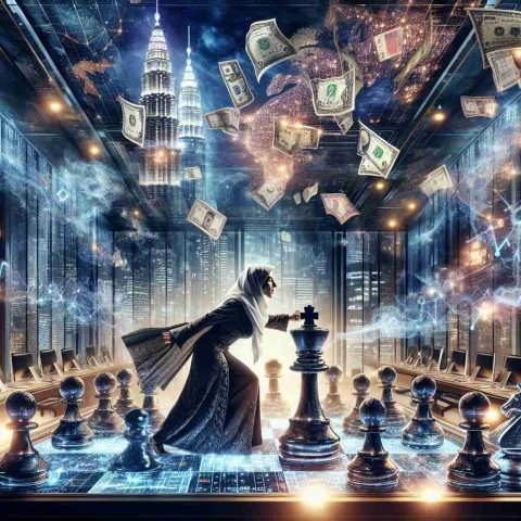 An exquisitely detailed scene symbolizing a surprise financial power move in the realm of investment. The setting is an opulent boardroom with towering glass walls showcasing a bustling cityscape at night with skyscrapers lavishly adorned with shimmering lights. At the center, a Middle-Eastern Woman vigorously pushes a giant chess pawn onto a celestial chessboard that flows with electronic data, representing stocks and investments. On the symbols of currency from around the world hovers over the chessboard like a swirling storm. The atmosphere conveys a sense of strategic calculation, unexpected action, and newfound control.