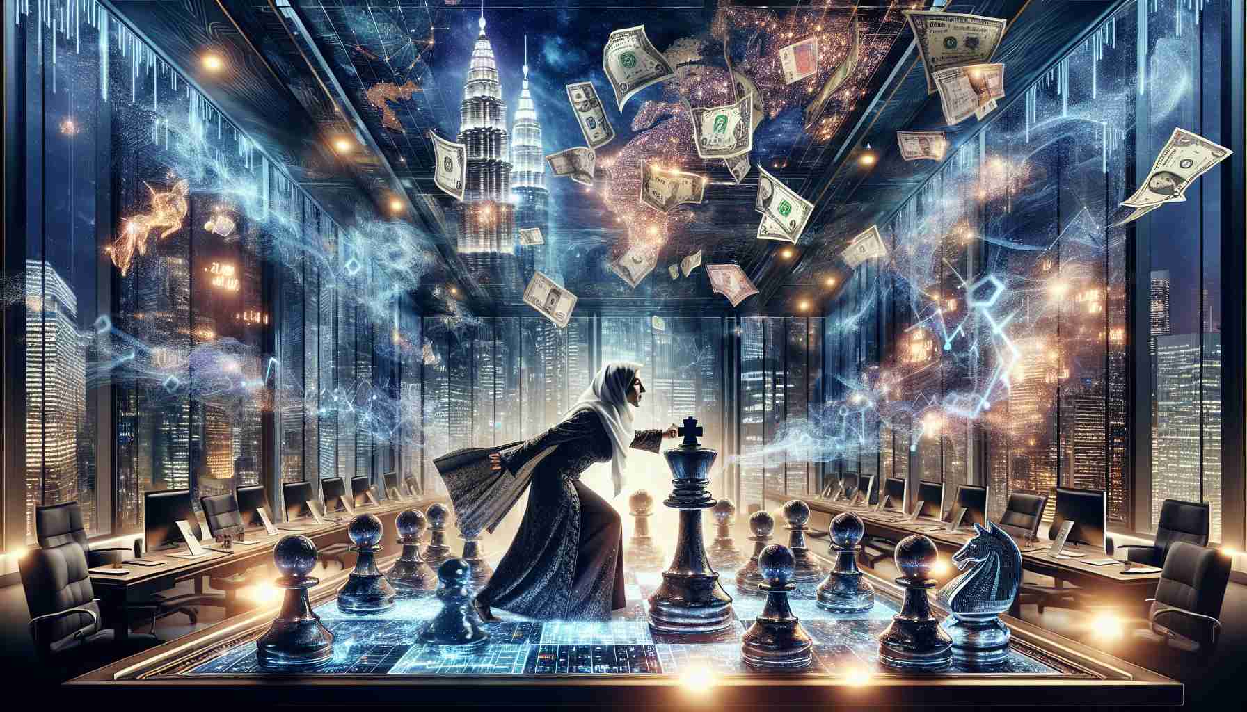 An exquisitely detailed scene symbolizing a surprise financial power move in the realm of investment. The setting is an opulent boardroom with towering glass walls showcasing a bustling cityscape at night with skyscrapers lavishly adorned with shimmering lights. At the center, a Middle-Eastern Woman vigorously pushes a giant chess pawn onto a celestial chessboard that flows with electronic data, representing stocks and investments. On the symbols of currency from around the world hovers over the chessboard like a swirling storm. The atmosphere conveys a sense of strategic calculation, unexpected action, and newfound control.