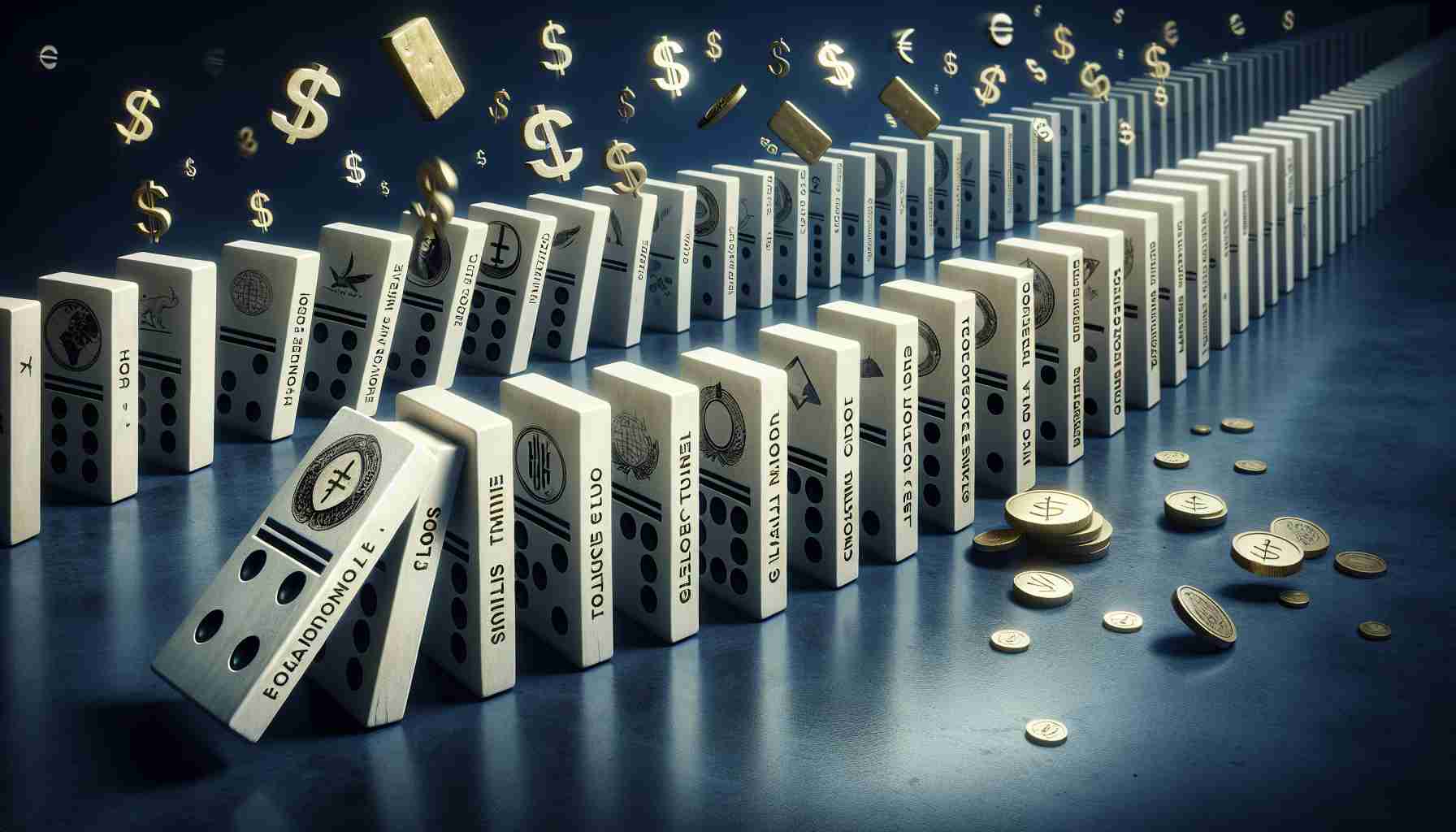 Envision a realistic, high-definition illustration of the financial domino effect. Picture a line of dominoes, each engraved with symbols representing various financial elements - such as stocks, bonds, gold, and currencies. As one falls, it triggers the next, demonstrating the linked chain of events that follows a financial decision. Imagine potential hazards lurking in the shadows, emblematic of the hidden risks beyond traditional financial metrics. This might include unseen market forces, stealthy policy changes, or elusive market trends. The whole scene should be imbued with a sense of tension and precarious balance.