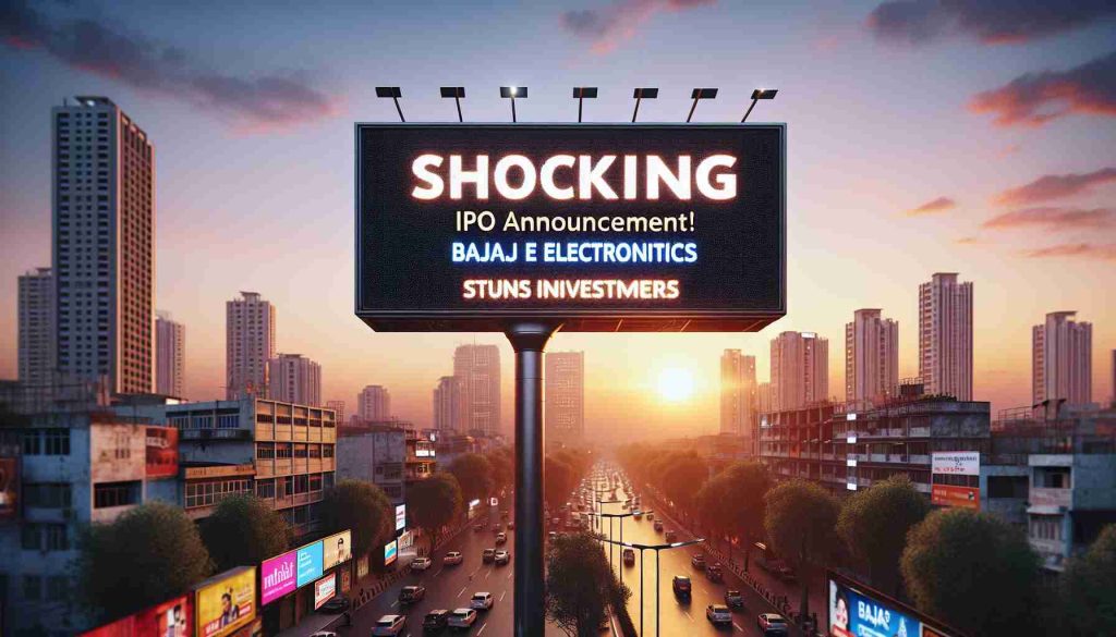 Realistic high-definition image of a large digital billboard in an urban landscape at sunset. On the billboard, there's the headline 'Shocking IPO Announcement!' followed by text 'Bajaj Electronics Stuns Investors'. The surrounding cityscape shows tall buildings, street light, and possibly some people looking up in awe.