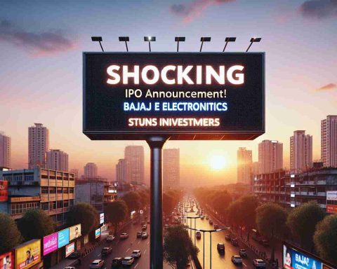 Realistic high-definition image of a large digital billboard in an urban landscape at sunset. On the billboard, there's the headline 'Shocking IPO Announcement!' followed by text 'Bajaj Electronics Stuns Investors'. The surrounding cityscape shows tall buildings, street light, and possibly some people looking up in awe.