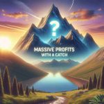 Generate an image that visually represents the notion of 'Massive Profits with a Catch'; a mountain peak symbolizing the profits towering above a calm, tranquil valley. To represent the catch, depict a hidden pitfall or snare on the path to this mountain. Use the sunrise to symbolize the sense of 'finding out' and place a question mark in the sky to illustrate the element of 'What's really going on?' All this portrayed in a realistic HD scenery format.