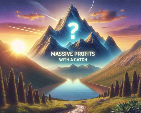 Generate an image that visually represents the notion of 'Massive Profits with a Catch'; a mountain peak symbolizing the profits towering above a calm, tranquil valley. To represent the catch, depict a hidden pitfall or snare on the path to this mountain. Use the sunrise to symbolize the sense of 'finding out' and place a question mark in the sky to illustrate the element of 'What's really going on?' All this portrayed in a realistic HD scenery format.