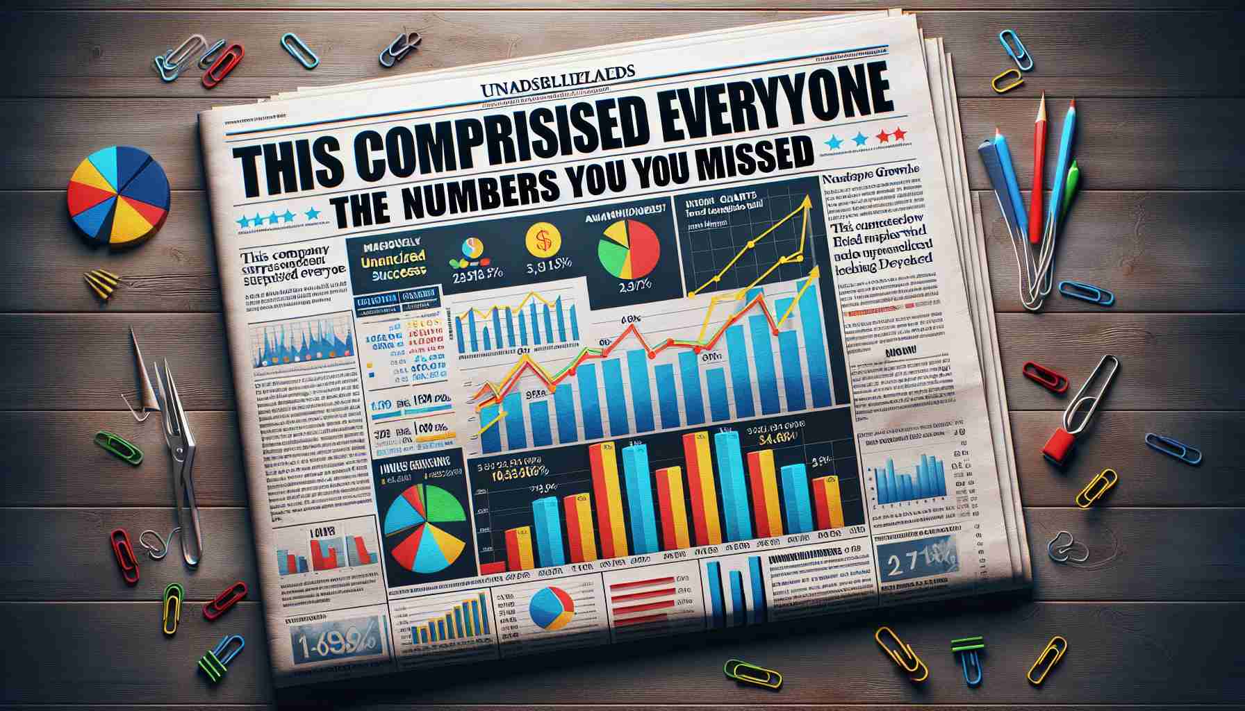 Create a realistic HD image of a financially related headlines for a news concept. Remarkably, it narrates a surprising success of an undisclosed enterprise, highlighting the unanticipated numbers and statistics which most people neglected to notice. Please focus on the business growth regarding a bar graph displaying dramatic climb, charts with multiple colored lines indicating various benchmarks, and a table with evident growth in different categories. The newspaper should also have a catchy, bold headline stating 'This Company Surprised Everyone. The Numbers You Missed'. Make sure everything is viewed under a lens of astonishment and wonder.