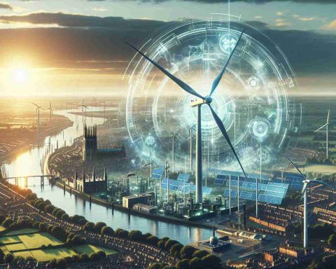 A high-definition, realistic image showcasing the concept of 'Powering The Future'. This scene can be envisioned as an expansive landscape where state-of-the-art technology harmonic with sustainable energy sources symbolize the 'Secret Weapon' talked about. This might include a prominent wind turbine, solar panels, or a futuristic energy generator, embodying Hull's commitment to green energy. Use the backdrop of the cityscape of Hull, with important landmarks identifiable, contributing to the sense of place and local pride.