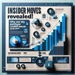 A high-definition, realistic image showcasing an infographic style layout. The main title at the top reads 'Insider Moves Revealed!'. Below it, the subheading conveys 'Why One Big Purchase Could Mean More'. There are financial symbols, a large purchasing bag and a bar graph rising upwards to visually represent the concept. The color scheme is a balanced mix of blues and greys.