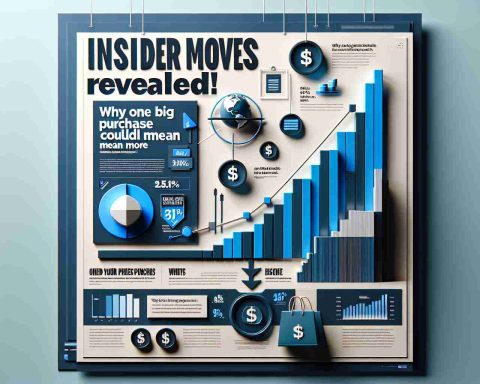 A high-definition, realistic image showcasing an infographic style layout. The main title at the top reads 'Insider Moves Revealed!'. Below it, the subheading conveys 'Why One Big Purchase Could Mean More'. There are financial symbols, a large purchasing bag and a bar graph rising upwards to visually represent the concept. The color scheme is a balanced mix of blues and greys.