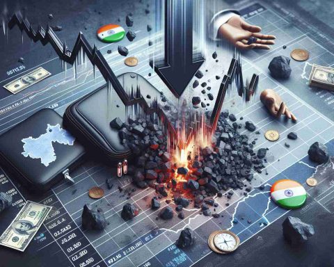 Realistic high-definition image representing the situation of a significant drop in stocks, specifically focusing on a coal mining company in India. The scene features a symbolic representation of falling graphs and numbers to depict the stock plunge. The image also includes elements like coal, a map or flag of India, and distressed investors, to indicate trouble for the coal industry of India.