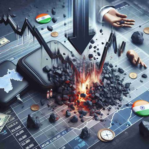 Realistic high-definition image representing the situation of a significant drop in stocks, specifically focusing on a coal mining company in India. The scene features a symbolic representation of falling graphs and numbers to depict the stock plunge. The image also includes elements like coal, a map or flag of India, and distressed investors, to indicate trouble for the coal industry of India.