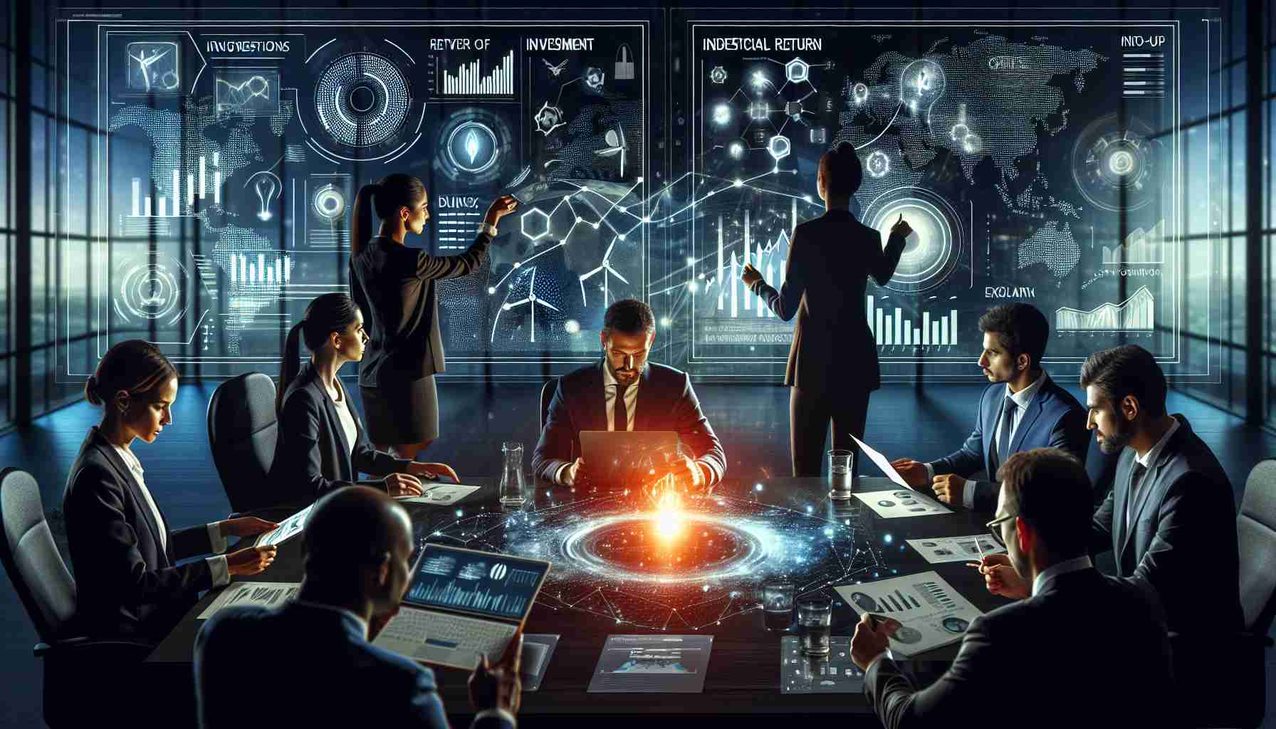 Visual depiction of investors directing their attention to the energy sector as a means of unlocking wealth. Set in a corporate meet-up scene, the image should portray a diverse group of investors: a Black woman skimming through data charts related to the energy industry on a high-tech tablet; a Caucasian man projecting infographics showcasing the potential return of investment in energy on a digital screen; and a Middle-Eastern man engaged in an intense discussion with his South Asian female colleague about the future prospects of renewable energy. The setting is a high-tech modern office, filled with futuristic devices for maximum effect of a professionally immersive environment.