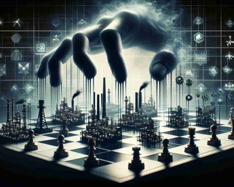 A high-definition, realistic image capturing the concept of unseen forces controlling industries. This could be represented by a grandiose chessboard, with various intricately designed industry symbols such as factory buildings, oil derricks, and data servers as chess pieces. Shadowy, non-human hands reaching out to maneuver the pieces could represent the hidden power. The atmosphere should be subtly eerie but also charged with dynamic energy, emphasizing the conceptual nature of the entities controlling these industries.