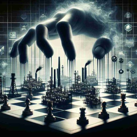 A high-definition, realistic image capturing the concept of unseen forces controlling industries. This could be represented by a grandiose chessboard, with various intricately designed industry symbols such as factory buildings, oil derricks, and data servers as chess pieces. Shadowy, non-human hands reaching out to maneuver the pieces could represent the hidden power. The atmosphere should be subtly eerie but also charged with dynamic energy, emphasizing the conceptual nature of the entities controlling these industries.