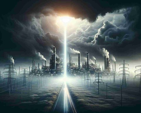 A high definition, realistic image that metaphorically represents an energy company facing difficulties but hinting towards a potential ray of hope. This can be visually interpreted as a large, industrial complex with smokestacks and transmission lines under a stormy cloud-covered sky, signifying challenges. In the distance, a single, slender ray of light penetrates through the clouds, reaching towards the industry, symbolizing potential improvements in the future.