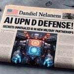 Detailed and high-definition image of a fictional headline reading 'AI Giants Upend Defense! Secrets Unveiled in New Military Partnerships.' The headline should be featured prominently on a faux newspaper with an image of futuristic artificial intelligence technology being used in a military setting.