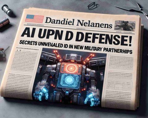 Detailed and high-definition image of a fictional headline reading 'AI Giants Upend Defense! Secrets Unveiled in New Military Partnerships.' The headline should be featured prominently on a faux newspaper with an image of futuristic artificial intelligence technology being used in a military setting.