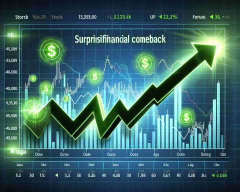 Generate an HD image with a realistic style depicting the concept of a surprising financial comeback. Visualize a stock market chart showing a steep rise, symbolizing a formerly underperforming stock that has managed to avoid delisting trouble. Include symbols of financial success and recovery such as ascending arrows, bright green colors, and positive numbers.