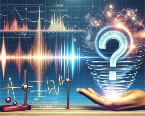 Create a realistic HD illustration representing the concept of quantum shockwaves and their impact on the market. There should be a visual representation of shaking, possibly a seismograph or pendulum to depict the disruption. Overlay this image with fluctuating graphics representative of a dynamic market. Next to this scene, include a question mark, symbolizing the uncertainty of what comes next.