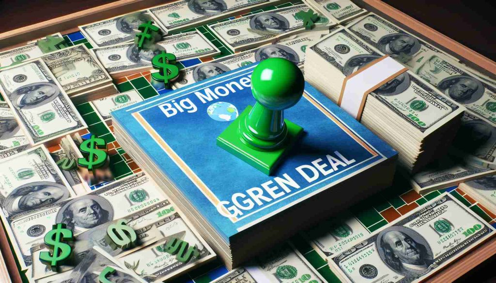 An ultra high definition visual representation of the concept 'Big Money Moves' with emphasis on green deal. The image should include piles of currency with some bills colored green to represent environmental sustainability. Also, incorporate the imagery of a game piece on a game board, symbolizing the game-changing aspect of the green deal.