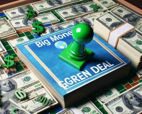 An ultra high definition visual representation of the concept 'Big Money Moves' with emphasis on green deal. The image should include piles of currency with some bills colored green to represent environmental sustainability. Also, incorporate the imagery of a game piece on a game board, symbolizing the game-changing aspect of the green deal.