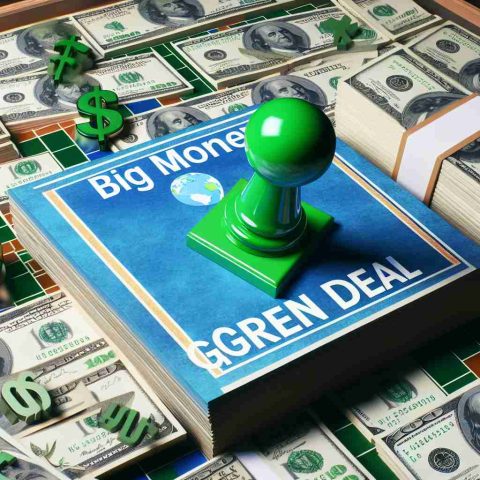 An ultra high definition visual representation of the concept 'Big Money Moves' with emphasis on green deal. The image should include piles of currency with some bills colored green to represent environmental sustainability. Also, incorporate the imagery of a game piece on a game board, symbolizing the game-changing aspect of the green deal.