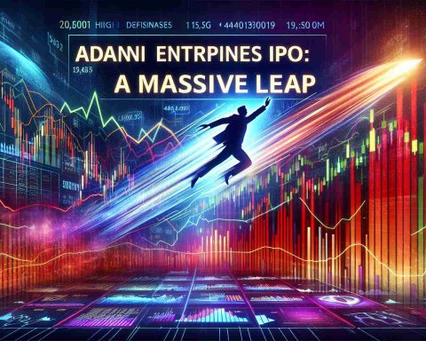 Dynamic, high-definition representation of stock certificates titled 'Adani Enterprises IPO: A Massive Leap'. An array of unexpected following events, symbolized by a vibrant graphical display showing dramatic changes in illustrative line graphs and bar charts, implying surprising future growth.