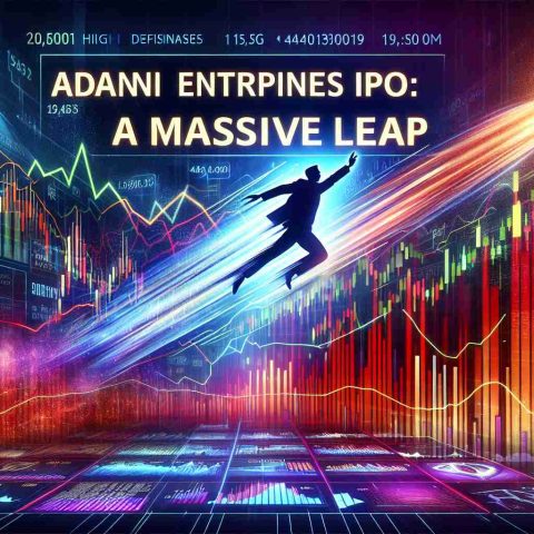 Dynamic, high-definition representation of stock certificates titled 'Adani Enterprises IPO: A Massive Leap'. An array of unexpected following events, symbolized by a vibrant graphical display showing dramatic changes in illustrative line graphs and bar charts, implying surprising future growth.