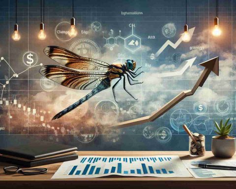 High-definition photo representing the concept of big changes ahead for a fictional company named Dragonfly Energy, intended to provoke thought on the possible implications for investors. The image could possibly include the metaphorical representation of a dragonfly and symbols of energy, combined with financial symbols such as graphs, charts, or arrows pointing upwards. Appropriate atmosphere could be conveyed through elements suggesting change, growth, and uncertainty.