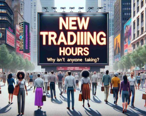 Generate a realistic, high-definition image presenting a large, eye-catching billboard in the middle of a bustling city. The billboard announces 'New Trading Hours' in bold, vibrant letters. It imploringly questions in a smaller message below, 'Why Isn't Anyone Talking?' Around the billboard, people of diverse descents and genders like Caucasian women, Black men, South Asian women, Hispanic men, etc. are shown going about their day, engrossed in their own worlds, seemingly oblivious to the billboard's message.