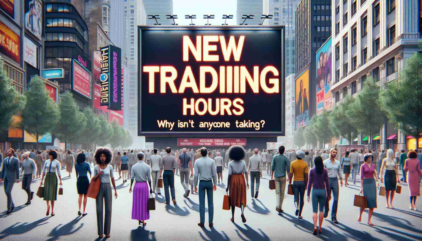 Generate a realistic, high-definition image presenting a large, eye-catching billboard in the middle of a bustling city. The billboard announces 'New Trading Hours' in bold, vibrant letters. It imploringly questions in a smaller message below, 'Why Isn't Anyone Talking?' Around the billboard, people of diverse descents and genders like Caucasian women, Black men, South Asian women, Hispanic men, etc. are shown going about their day, engrossed in their own worlds, seemingly oblivious to the billboard's message.