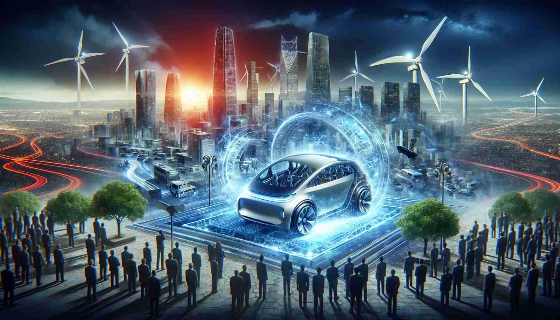 Generate a realistic, high definition image representing the impact of QuantumScape's innovative move on the electric vehicle industry. Include elements such as advanced technology, a bewildered world watching the developments, and a questioning tone wondering if this could be the future we have been awaiting.