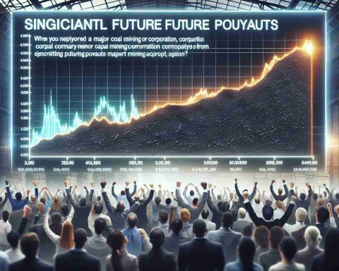 A high-definition, realistic image presenting the concept of significant future payouts from a major coal mining corporation, symbolized by a graph showing stocks rising sharply. The image also expresses the excitement of investors, illustrated through a crowd of diverse people (an equal mix of men and women of various descents such as Caucasian, Black, Middle-Eastern, Hispanic, and South Asian) visibly delighted and eagerly watching the graph.