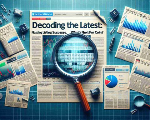 Create a high-resolution, realistic representation of an article or blog post titled 'Decoding the Latest: Nasdaq Listing Suspense. What’s Next for COIN?' The image should show a magnifying glass with multiple news articles, charts, and graphs in the background. The featured article should stand out and have the aforementioned title. The news articles may be about the stock market, specifically the Nasdaq stock exchange, and there should also be stats and figures related to 'COIN'.