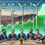 High definition, realistic image depicting why investors are optimistic about the future of a generic energy company. The scene shows stock market indicators in the green with a backdrop of wind turbines and solar panels, symbolizing a successful transition to renewable energy. Investors around a table, a diverse group of men and women of various descendents such as Middle-Eastern, Hispanic, South Asian, Black, and Caucasian, are beaming with positive expressions as they see their investments grow.