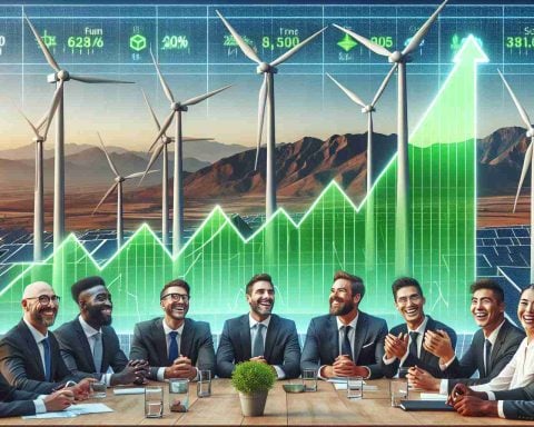 High definition, realistic image depicting why investors are optimistic about the future of a generic energy company. The scene shows stock market indicators in the green with a backdrop of wind turbines and solar panels, symbolizing a successful transition to renewable energy. Investors around a table, a diverse group of men and women of various descendents such as Middle-Eastern, Hispanic, South Asian, Black, and Caucasian, are beaming with positive expressions as they see their investments grow.