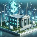 A high-definition depiction of futuristic banking concept integrated with wind energy harnessing. The setting includes a modern bank building with wind turbines on the roof and around the premises, conveying the sustainable approach to financial growth. A symbol of currency, perhaps a floating holographic dollar sign, represents financial growth in the background. The prevalent color theme should be blue and green symbolizing sustainability and financial prosperity. This concept captures the sustainable future of banking, where green energy is harnessed for economic advancements.