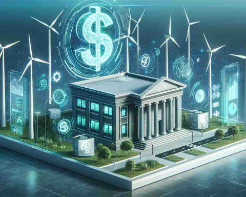 A high-definition depiction of futuristic banking concept integrated with wind energy harnessing. The setting includes a modern bank building with wind turbines on the roof and around the premises, conveying the sustainable approach to financial growth. A symbol of currency, perhaps a floating holographic dollar sign, represents financial growth in the background. The prevalent color theme should be blue and green symbolizing sustainability and financial prosperity. This concept captures the sustainable future of banking, where green energy is harnessed for economic advancements.