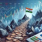 An image representing the concept of India's Stock Market potentially facing a turbulent week. Show a rocky path symbolizing the market's journey, along with elements of finance such as bar graphs indicating volatility, scatter plots showing fluctuating prices, and line graphs indicating market trends. The Indian flag can be subtly incorporated and a calendar showing days of the week is nearby, suggesting the timeframe of the concept.