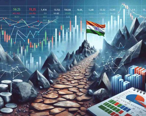 An image representing the concept of India's Stock Market potentially facing a turbulent week. Show a rocky path symbolizing the market's journey, along with elements of finance such as bar graphs indicating volatility, scatter plots showing fluctuating prices, and line graphs indicating market trends. The Indian flag can be subtly incorporated and a calendar showing days of the week is nearby, suggesting the timeframe of the concept.