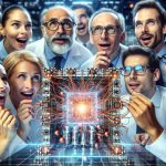 An HD image showcasing a group of multinational scientists, both men and women, enthusiastically involved in a ground-breaking discovery in the physics lab. One can see intricate machinery, likely to be a quantum computer, looking remarkably different from conventional technology. Component parts resonating with a bizarre new state of matter, possibly hinting at futuristic implications. Their captivated expressions indicate a profound transformation in understanding, which could forever change the face of computation and scientific research.