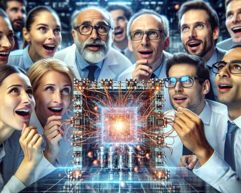 An HD image showcasing a group of multinational scientists, both men and women, enthusiastically involved in a ground-breaking discovery in the physics lab. One can see intricate machinery, likely to be a quantum computer, looking remarkably different from conventional technology. Component parts resonating with a bizarre new state of matter, possibly hinting at futuristic implications. Their captivated expressions indicate a profound transformation in understanding, which could forever change the face of computation and scientific research.