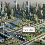 A highly detailed and realistic image showcasing the silent urban revolution. The scene depicts an evolving cityscape with modern, sustainable architecture including solar-paneled buildings, green roofs, pedestrian-friendly streets, and urban farming spaces. There are infrastructure elements that prioritize renewable energy, efficient public transportation, and recycling systems. There is also a signboard posing the question, 'Are Cities Ready?' to highlight the challenges faced in this transition towards sustainable development.