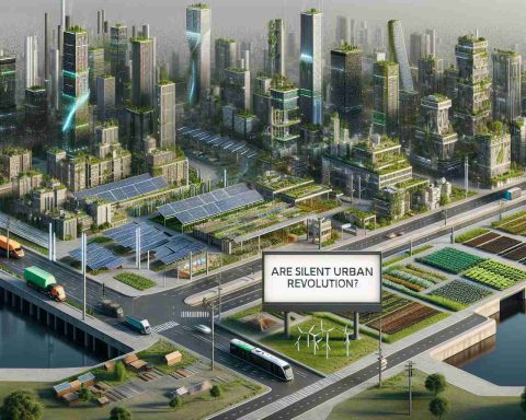 A highly detailed and realistic image showcasing the silent urban revolution. The scene depicts an evolving cityscape with modern, sustainable architecture including solar-paneled buildings, green roofs, pedestrian-friendly streets, and urban farming spaces. There are infrastructure elements that prioritize renewable energy, efficient public transportation, and recycling systems. There is also a signboard posing the question, 'Are Cities Ready?' to highlight the challenges faced in this transition towards sustainable development.