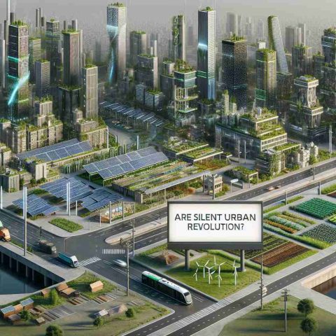 A highly detailed and realistic image showcasing the silent urban revolution. The scene depicts an evolving cityscape with modern, sustainable architecture including solar-paneled buildings, green roofs, pedestrian-friendly streets, and urban farming spaces. There are infrastructure elements that prioritize renewable energy, efficient public transportation, and recycling systems. There is also a signboard posing the question, 'Are Cities Ready?' to highlight the challenges faced in this transition towards sustainable development.