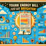 Large readability-friendly infographic designed like an energy bill with a sunny weather background showing a sun beaming with radiant light. The focus is on the big bold numbers indicating a decrease in cost, making the phrase 'Your Energy Bill Just Got Brighter!' in colourful lettering at the top of the bill more significant. Various panels on the infographic explain the mechanisms leading to reduced energy usage, represented by flow charts, bar graphs, and pie charts. The overall mood of the image is uplifting and reassuring.