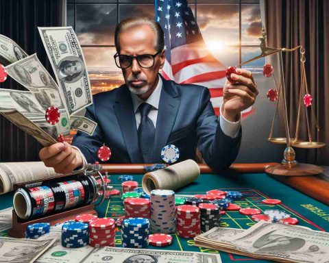 Realistic HD photo of a notable investor symbolically placing a large wager on the industries related to crude oil and natural gas