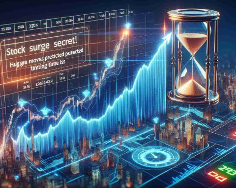 Create a detailed and realistic HD image that represents the concept of a stock surge. Visualize a soaring line graph indicating rapid growth on a digital stock market screen. Inject elements of time like a countdown or hourglass to signify the key role of timing in these stock market shifts. The header of the image should include text saying 'Stock Surge Secret! Huge Moves Predicted But Timing Is Key.' Remember to make it visually appealing with vibrant colors and clear imagery.