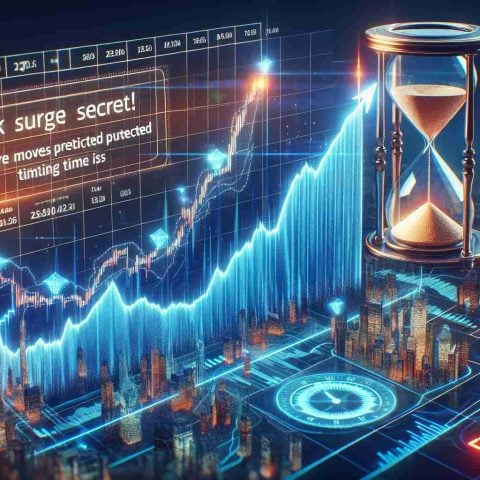 Create a detailed and realistic HD image that represents the concept of a stock surge. Visualize a soaring line graph indicating rapid growth on a digital stock market screen. Inject elements of time like a countdown or hourglass to signify the key role of timing in these stock market shifts. The header of the image should include text saying 'Stock Surge Secret! Huge Moves Predicted But Timing Is Key.' Remember to make it visually appealing with vibrant colors and clear imagery.